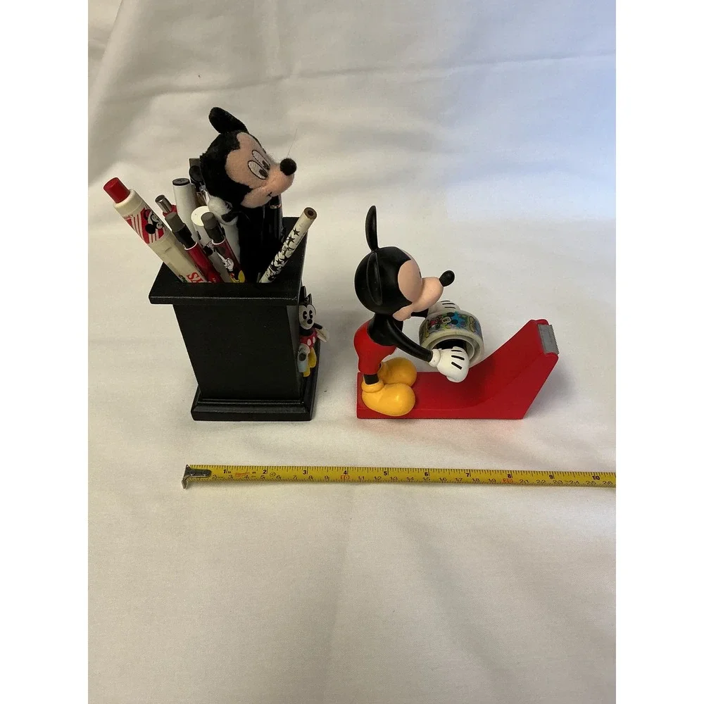 Disney Mickey Mouse Desk Set Tape Dispenser Pencil Cup and Vintage Pens Lot